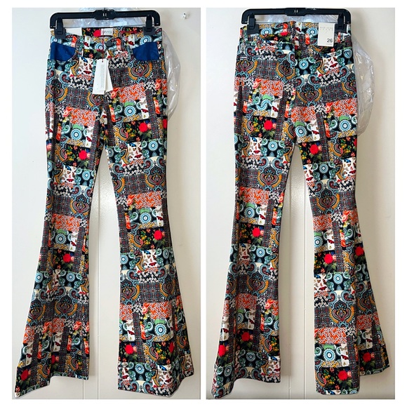 Alice + Olivia Beautiful Patchwork Mid Rise Denim Floral Flared Bell Jeans Pant - Picture 10 of 17